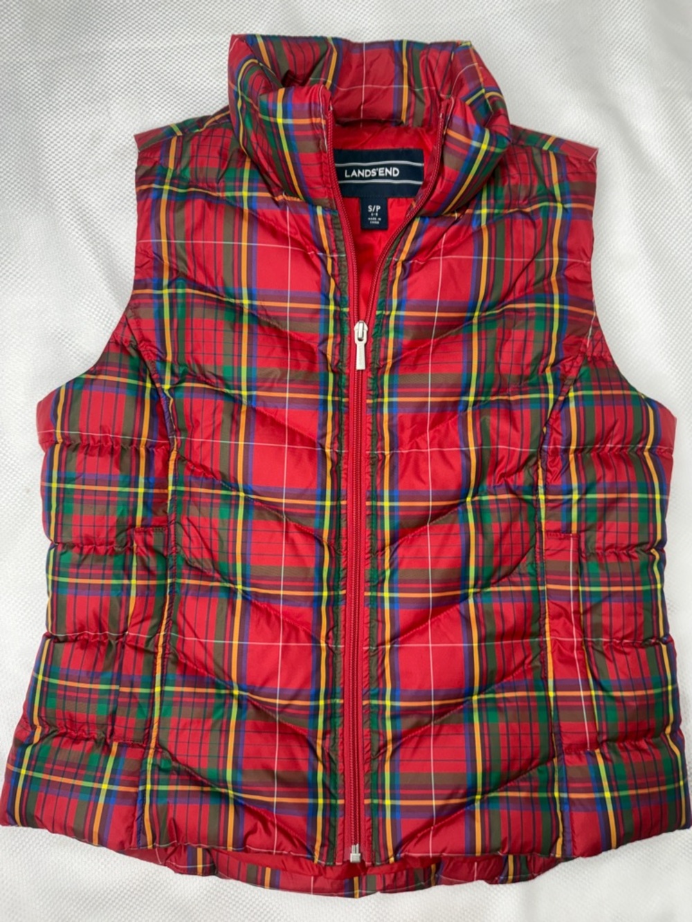 Lands' End Red Plaid Quilted Down-Filled Puffer Vest - S/P